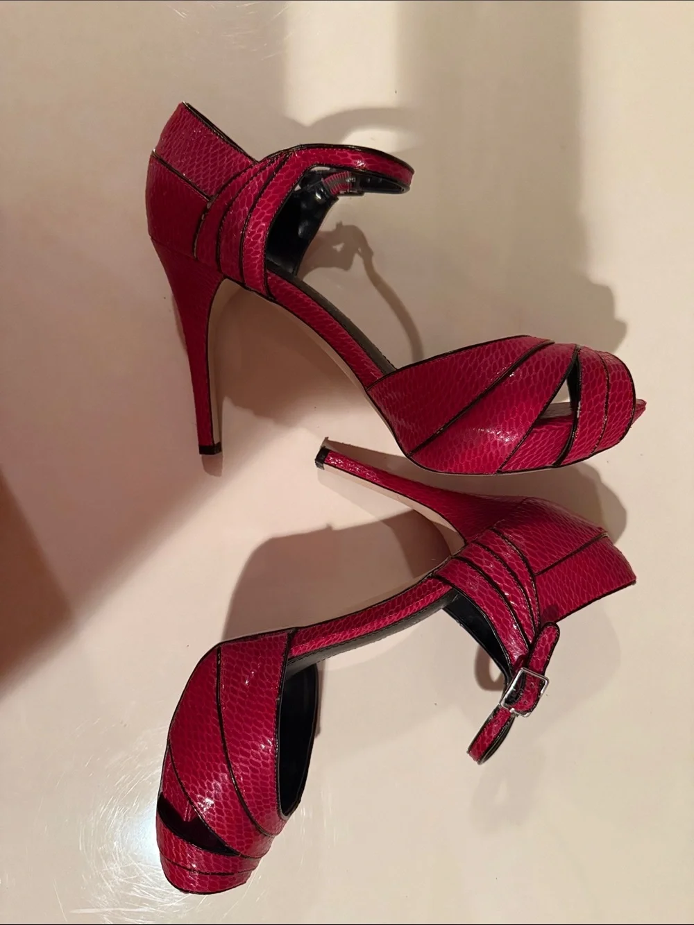 White House Black Market Fuchsia Snake-Embossed Ankle-Strap Peep-Toe Heels
